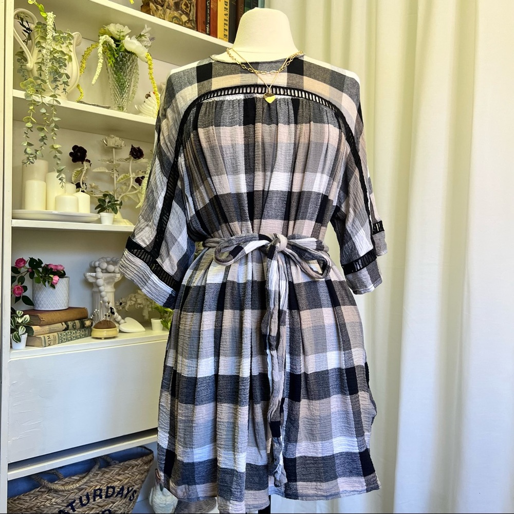 Anthropologie Maeve Plaid Check Printed Mini Dress Kimono Sleeves Pink and Grey